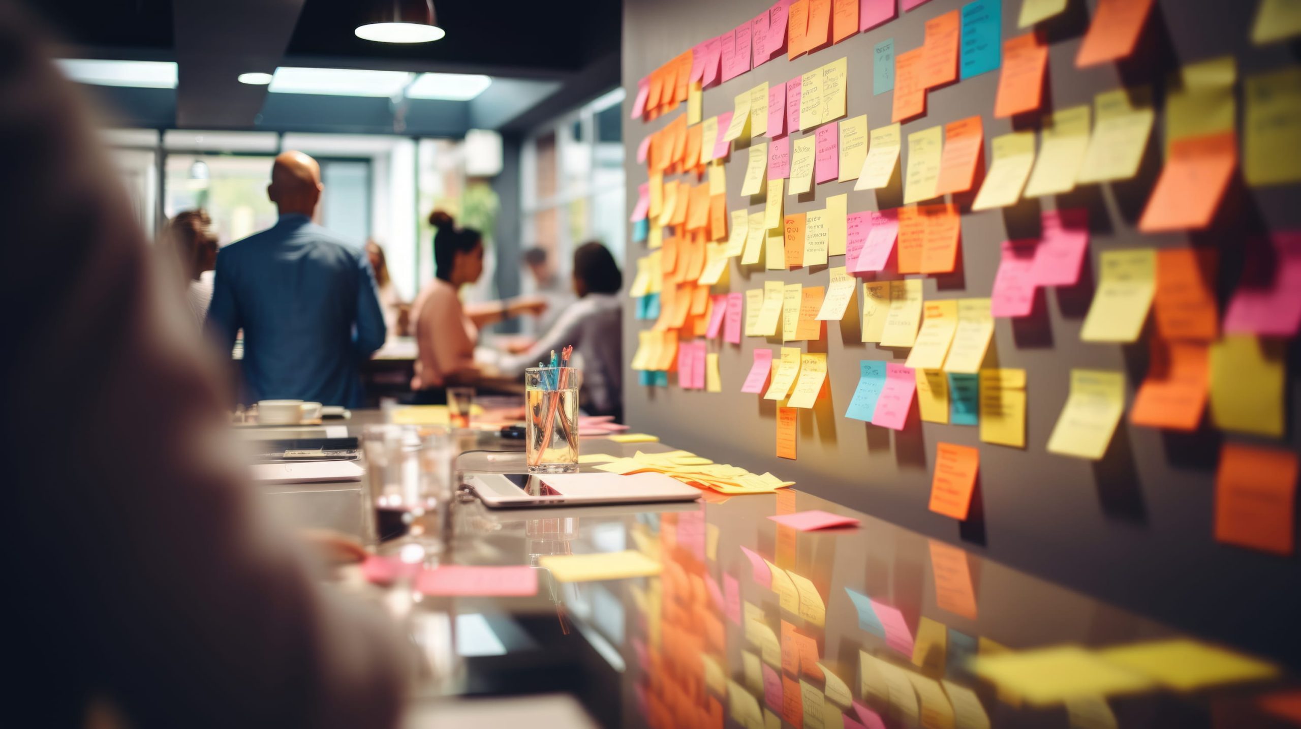 A busy team brainstorming session exploring IoT idea with colorful sticky notes on a wall.